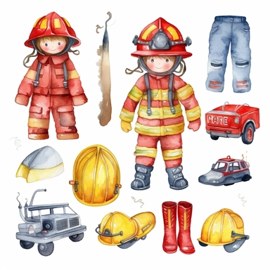 simple firefighter set for kids. Watercolour clipart