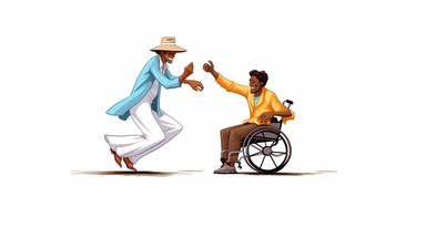 a cartoon, clipart style illustration of AA person in a wheelchair teaching a dance move to an able-bodied friend. No backgorund. Solid white background.