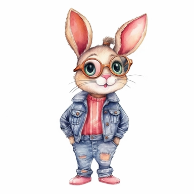 A detailed illustration of a very cute and friendly bunny with a big personality, , wearing clothes, Hand drawn watercolor clipart in the style of Nidhi Chanani on white background