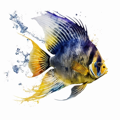 running regal angel fish Watercolor Clipart, drip effect, clean white background, 16K Colors, clean white background