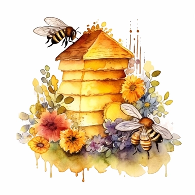 bee, hive, house, flower, honey, honeycomb, watercolor, clipart