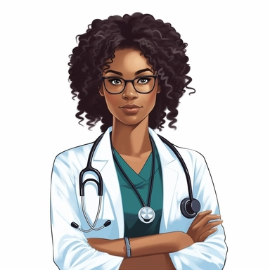 Black Woman in doctor uniform clipart in the style of vector art, white background