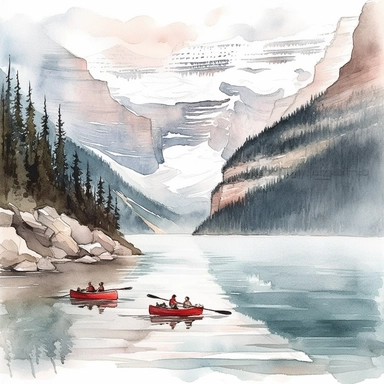 Watercolor clipart of lake louise with red canoe and people, dynamic color, clean and highly detailed, soft color, sharp focused, watercolor art on white background