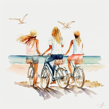 watercolor friends biking along the beach clip art white backround