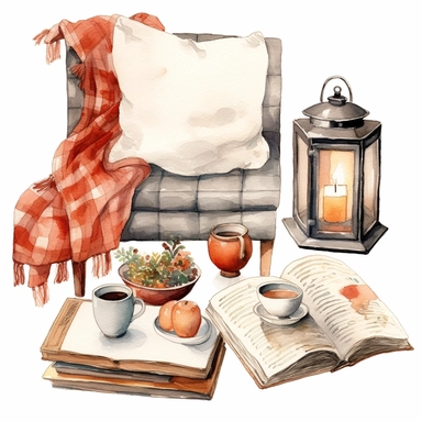 Blanket, cup of coffee, open book, candle, vintage lantern, cushions, vase, Reading Corner cozy, clipart on a white background, an illustration of by Annabel Kidston, shutterstock contest winner, generative art, detailed painting, digital illustration, intricate in details, photoillustration isolated on white background, digital watercolor , style by Lucy Fleming, watercolor, smooth gradients, black contour outline, ultra detailed, clipart elements, delicate pastel colors, solid white background