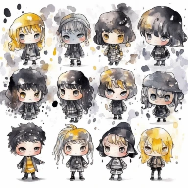 watercolor funny create kawaii marbled black ,silver, yellow chibi school spirit clipart, isolated on white background,space out--ar3:2--s1000