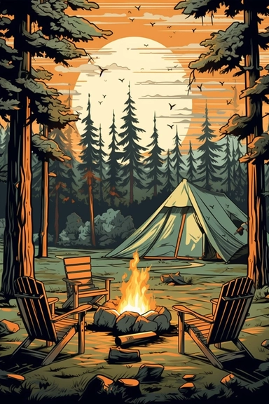 camping scene with campfire, chairs, and tent in the woods during the summer months. vector clip art illustration, detailed, rustic