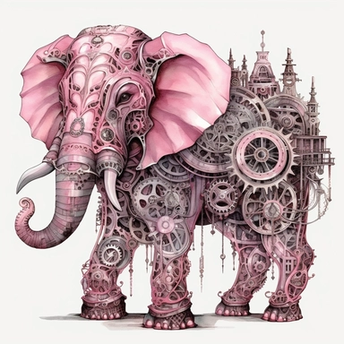 pink watercolor steampunk circus elephant, metallic, clipart , gears, iron pink gray black, highly detailed, 32k