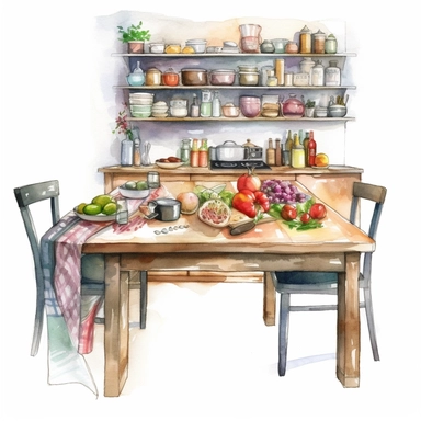watercolor, hyper realistic, white background, white margins, 16k, ultra detailed clipart, cut out image, hand-drawn cozy kitchen with soft grey walls, open shelving, and a large wooden table with a colorful tablecloth
