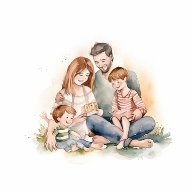 Love, family sitting together, full body, happy faces, powerful, clear white background, watercolor, simply drawn for children book, handrawn watercolor graphic clipart, 16k