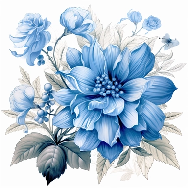 An illustration of blue flower clipart, reminiscent of the delicate and intricate botanical drawings by Beatrix Potter. Exquisite blue blossoms, meticulously rendered with fine details and graceful lines. The flowers exude a sense of elegance and serenity, capturing the beauty of nature. Cool color temperature enhances the calming atmosphere. Soft, diffused lighting adds a touch of softness, highlighting the delicate petals.