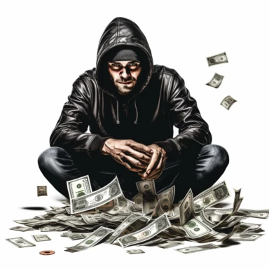 high def photograph clipart vector image with plain white background of a hyper realistic high definition photograph of a robber with money. extremely detailed. 35mm lens. 8k. Ultra HD.