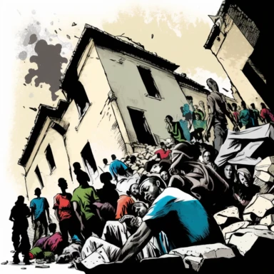 HAITI EARTHQUAKE KILLS OVER 200,000 PEOPLE, in watercolor style clipart, darker tones, high contrast, white background