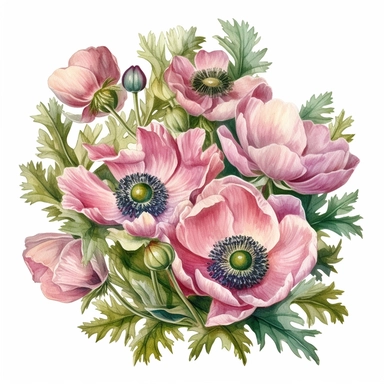 Bouquete of pink anemones with greenery and buds, isolated on the white background in the style of Billy Showell, watercolor illustration, highly detailed, very sharp detailed image, clipart, hd