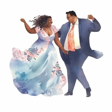 Overweight Afro-Caribbean bride and slim Chinese groom, dancing gracefully, elegant and enchanting, watercolor, Pixar style, Clipart on a white background.