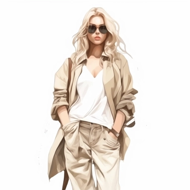 beautiful blonde girl in fashionable clothes in shades of beige, khaki and cream, clipart, isolated on white background, 4K