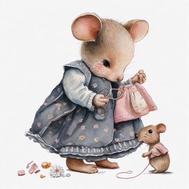 clipart watercolor realistic cute little mouse is playing with dolls and is dressed like a girl