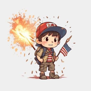 Super cute, American flag with army kid Sublimation Clipart, Cartoon funny, Cute anime, Very detailed, firework background