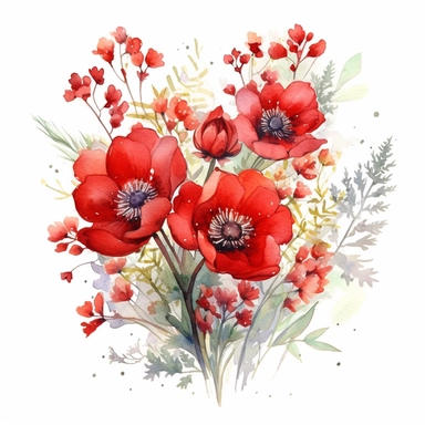 Watercolor Red Wild Flowers Clipart, April Flowers, Floral Bouquet, White Background, no caption, by Hiroko Koshino