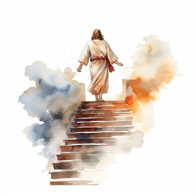 Jesus walking up stairs to heaven, watercolor vector art, clipart style, solid white background