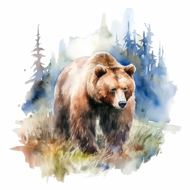 a detailed watercolor painting of a Grizzly Bear in the wild, clipart, white background