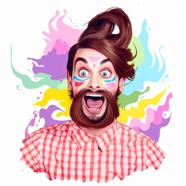 Scared man with a beard wearing a dress, kidnapped by the koolaid man, rainbow colors, help me, another dimension, shocked, scared, psychedelic, vibrant rainbow color, vector, tshirt design, blank white background, vector clipart, cutout
