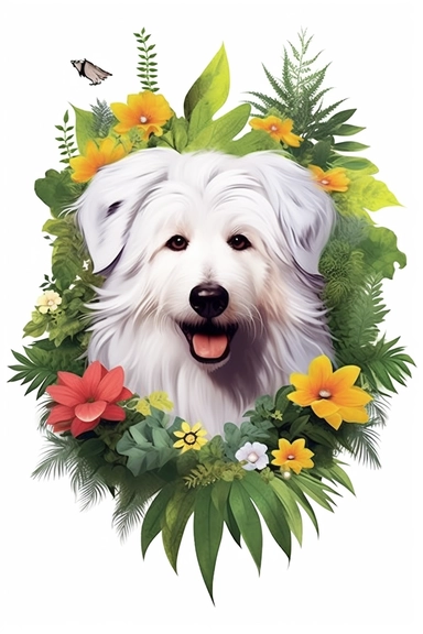 white background, dog, 3d, super closeup, sticker, photorealistic, artwork of t shirt graphic of majestic forest, in digital painting style , beautiful flowers, sunset mountains and clouds , big vines, plants sorround, highly detailed clean, vector image, photorealistic masterpiece, professional photography, realistic, flat white background, isometric, vibrant vector, clipart, illustration, realism, 4k, , cinematic, front view, paradise, extremely white background