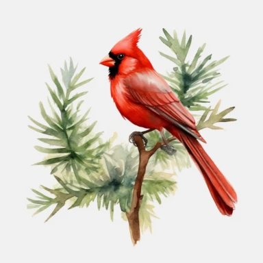 red cardinal bird, clipart, minimalism, watercolor, green leaves, on a trunk