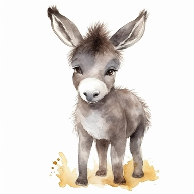a childish baby donkey with kind eyes clipart with watercolor illustration,full body shot,8k,etsy style, white background