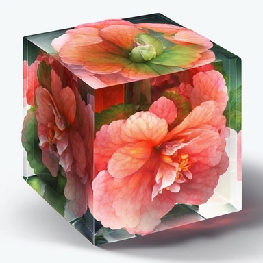 clipart watercolor begonia flowers inside epoxy rasin cube. cube has sharp edges. vibrant color