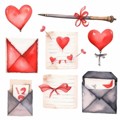 Set of love envelopes (opened and closed), I love you words, blank notebook paper sheet, red heart, cupid arrow. Handdrawn water color painted clip art, Saint Valentine's Day decoration and symbols.
