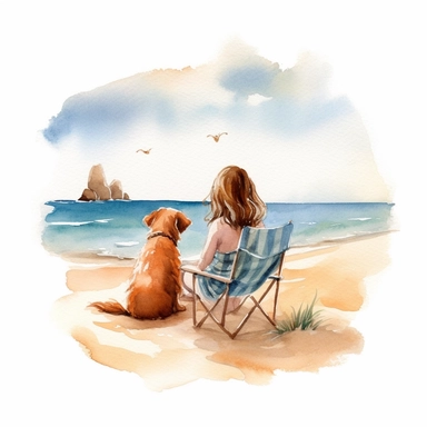 Watercolour cozy sitting on sand with dog by beach clipart