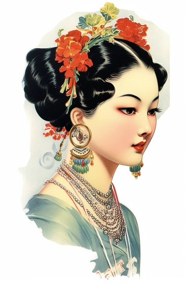 Vintage 1920 Asian woman along with a striking silver nose ring Illustration , Chromolithograph, Die Cut, 1920s Illustration, Vintage, Chromolithograph, Colorful, Antique, Ephemera, Clipart, 8k, Isolated on white