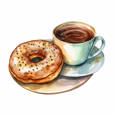 Full isolated coffee cup and donut on a plate on a white background, bolded outline clipart sticker watercolour style, bolded outline sticker, front view, isolated on a white background