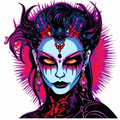 Create a clipart of a goth woman with glowing eyes, wearing a vibrant and colorful outfit. Ensure the image has intricate details and crisp lines, with a clean white background