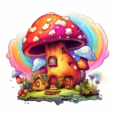 Mushroom house on the cloud with rainbow, on a white background, Illustration clipart, 4K, extremely detailed