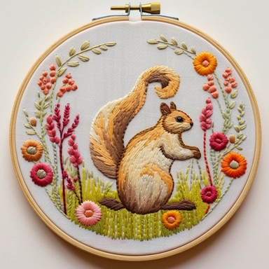 Hand embroidered squirrel clipart on a flat white background 2, standing on the grass, It is surrounded by small yellow and red flowers In the shape of a circle,