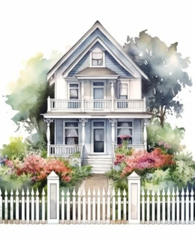 Watercolor clipart huge victorian house with conical roof, with lush garden and big flowers and white wooden fence, side view, realistic, isolated on white background