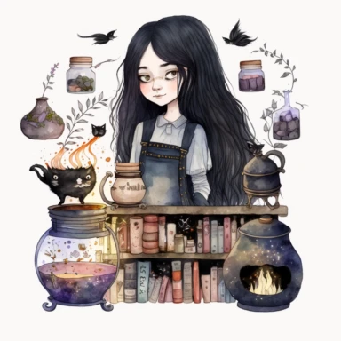 Beautiful alchemist girl, symmetrical black eyes, black long hair, cat, shelves of old books, brazier, metal pots, jars of potions, jars of herbs, decorated with stars, children illustration, watercolor image, hannah dale style, watercolor, white background, clipart,high quality, 8k, witchy girl