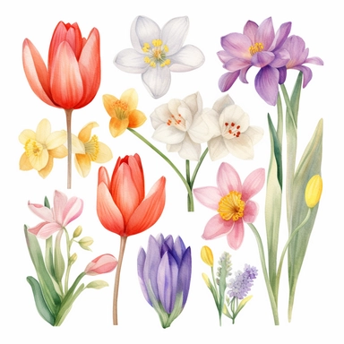 Blooming flowers: Tulips, daffodils, cherry blossoms, crocuses, and hyacinths. Watercolour Clipart, minimalist, isolated white background, 8k , high quality