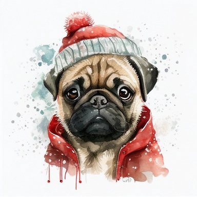 watercolor cute style, cute pug in christmas winter coat, christmas head, christmas presrnts, smiles, cute, pug in red ears, it's snowing, white background, clipart