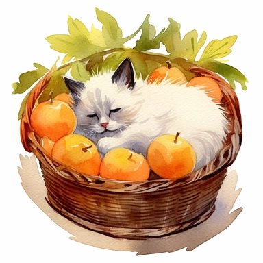 Watercolor black colored nose white birman kitten peacfully sleeping in a laundry basket clipart, birman breed kitten, peacefully sleeping kitten, eyes closed, similing kitten, surrounded by oranges and orange leaf and branches, couple of oranges, high detail oranges, high quality drawing, high quality, body visible, summer colors, hairs are visible, summer day theme, valentines day theme, full body kitten, crawling in basket, peacefull feeling, childlike innocence and charm, shy kitten, Oh my g