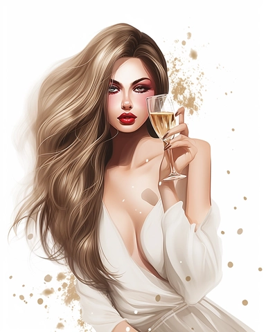 beautiful model girl with champagne, clipart, beautifully detailed , png image, high resolution, 300dpi, graphic clipart , white background, watercolour graphics