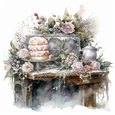 isolated on white illustration watercolor art of a part of a white kitchen buffet with bread and cake, overgrown with white and light pink roses and flowers, covered with snow and ice, a lot of moss and branches, lace and embroidery, masterpiece by Tomasz Alen Kopera style and by Carl Holsoe style and by James C. Christensen style and by Alexander Jansson style, Baroque Architecture, PNG clipart, isolated on white, white background, extreme photorealistic details, 32k HD resolution, realistic hi