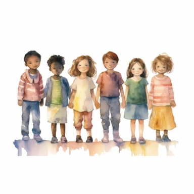 watercolor style, children standing together, from multiple cultures: european, african american, asian american, latino, indian, japanese, mexican, clipart, isolated on white background, 4K