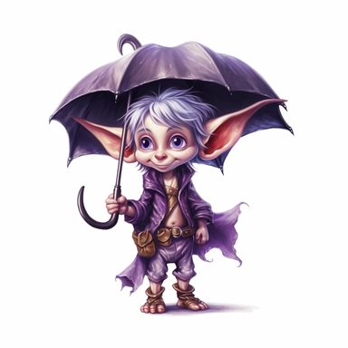 Cute Adorable magical little Elf with big pointed ears holds a umbrella in his hand wears a raincape and stand in the rain on a country road, clipart, photorealistic illustration, watercolor, high detail, 8k polished, 8k, vibrant colors, sticker, majestic, die cut, black and purple color, white background