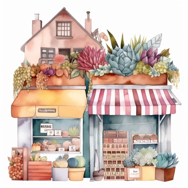 watercolor bohostyle shop clipart, building selling grocery, bundle, svg, place where to shop