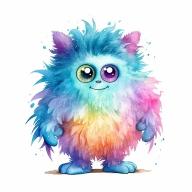 A whimsical cute fluffy monster cartoon clipart on white background with margins, watercolor, icon, sticker ar