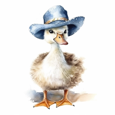 Baby goose in a cowboy hat, full body, clip art, watercolor, clean, neat.