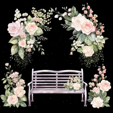 a set of unique EFFERVESCENT watercolor-style clip art images of white garden bench against a black background, The overall mood of the images should be a fantasy floral wonderland, with a focus on the beauty and fantasy of gardening and beauty, and the elegance of blush pink roses and whimsical designs. single design clip art, think French garden in the springtime, watercolor blush pink rose Garden Clipart, in the style of Leonid Afremov, each image must be on a black background with margins, e